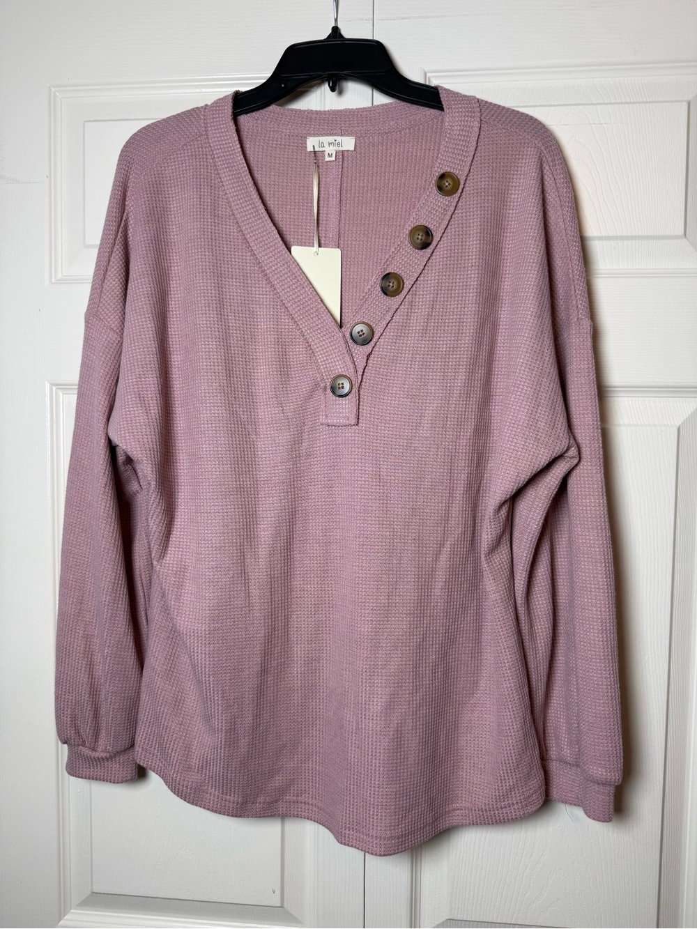 La Miel waffle knit v-neck long sleeve blouse with a five-button placket